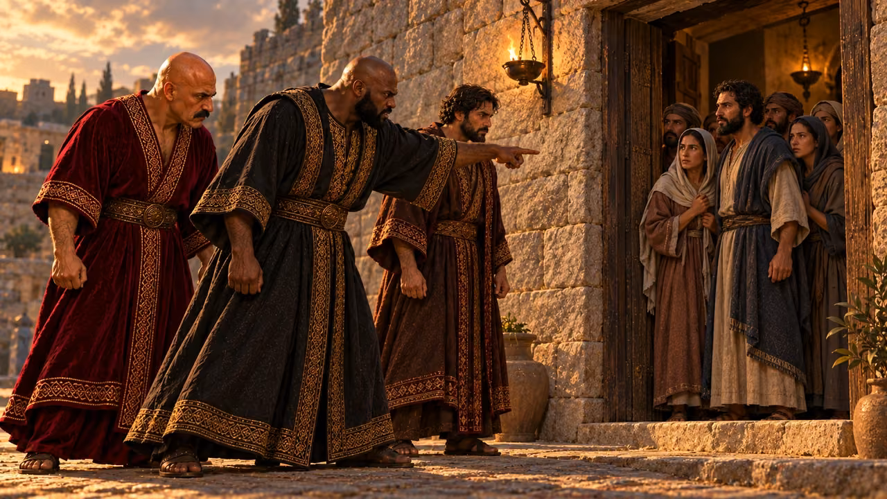 Three richly robed men confront a plain-clothed group at the doorway of a modest assembly house.
