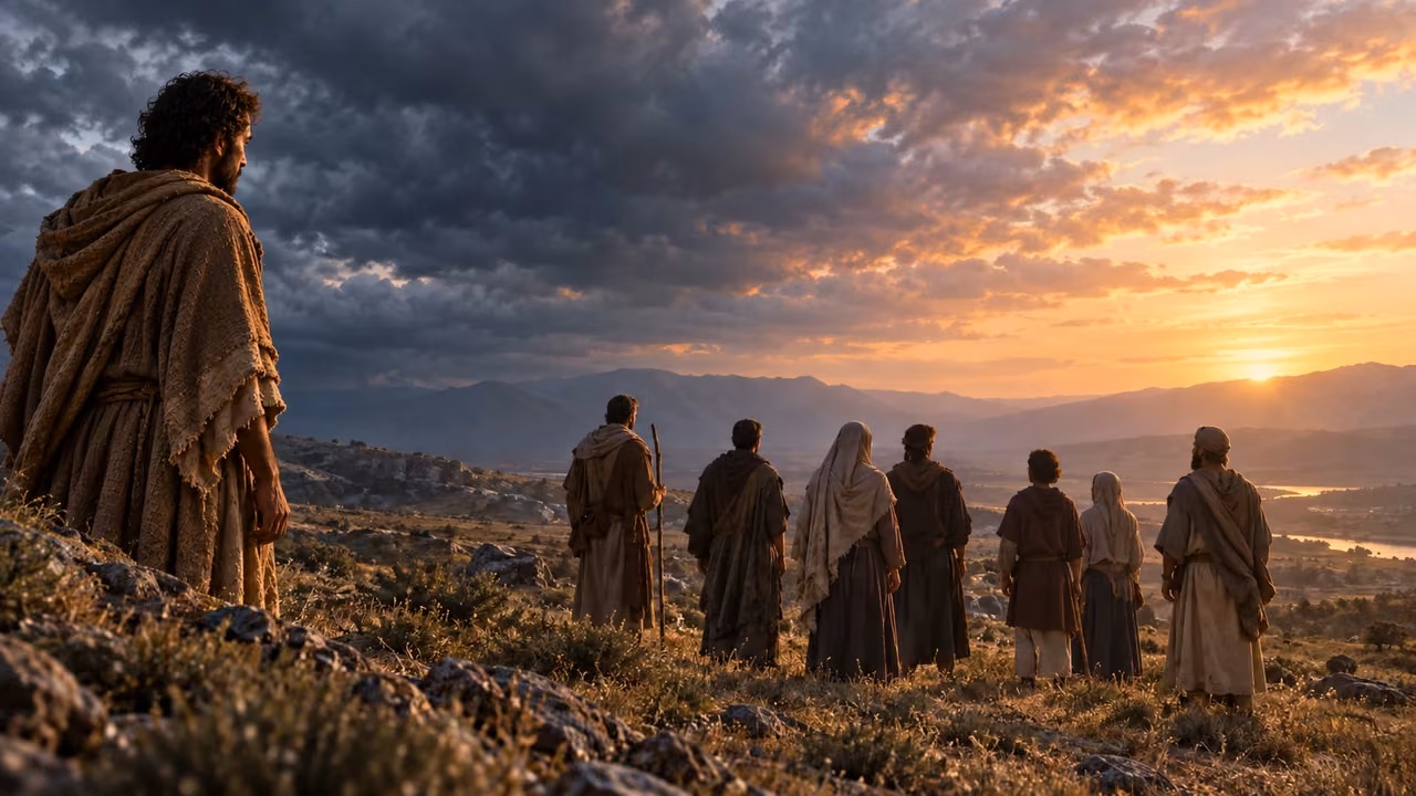 A dark-curly-haired brown-robed observer watches an anonymous group beneath changing dawn clouds.