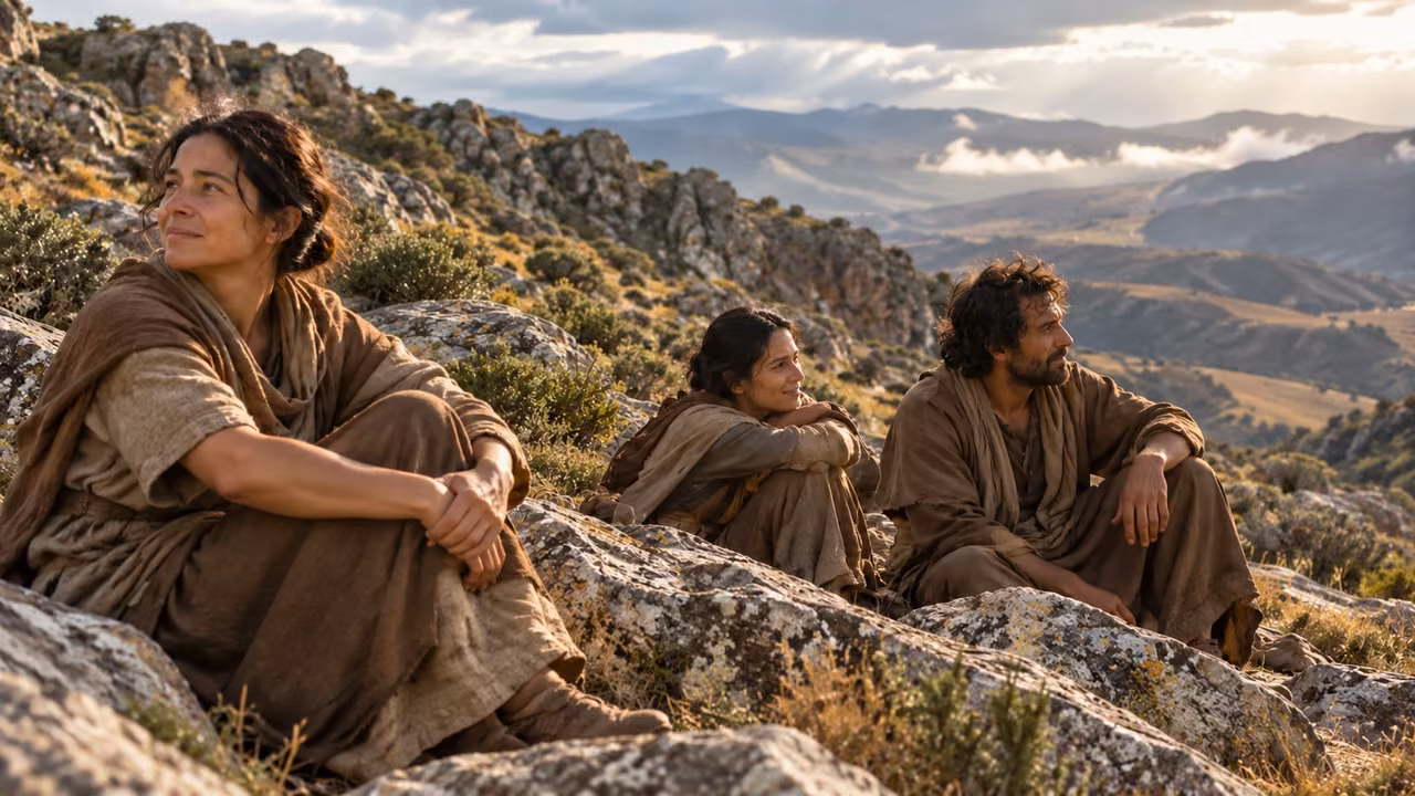 Three plainly clothed adults rest on rocks in soft natural light.