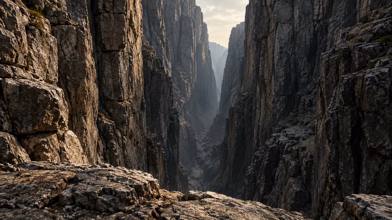 An empty deep stone gorge frames a narrow distant opening of daylight.