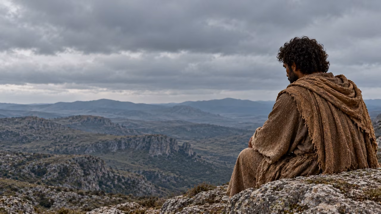 A dark-haired brown-robed witness sits at right, quietly facing an empty ridge under gray cloud.
