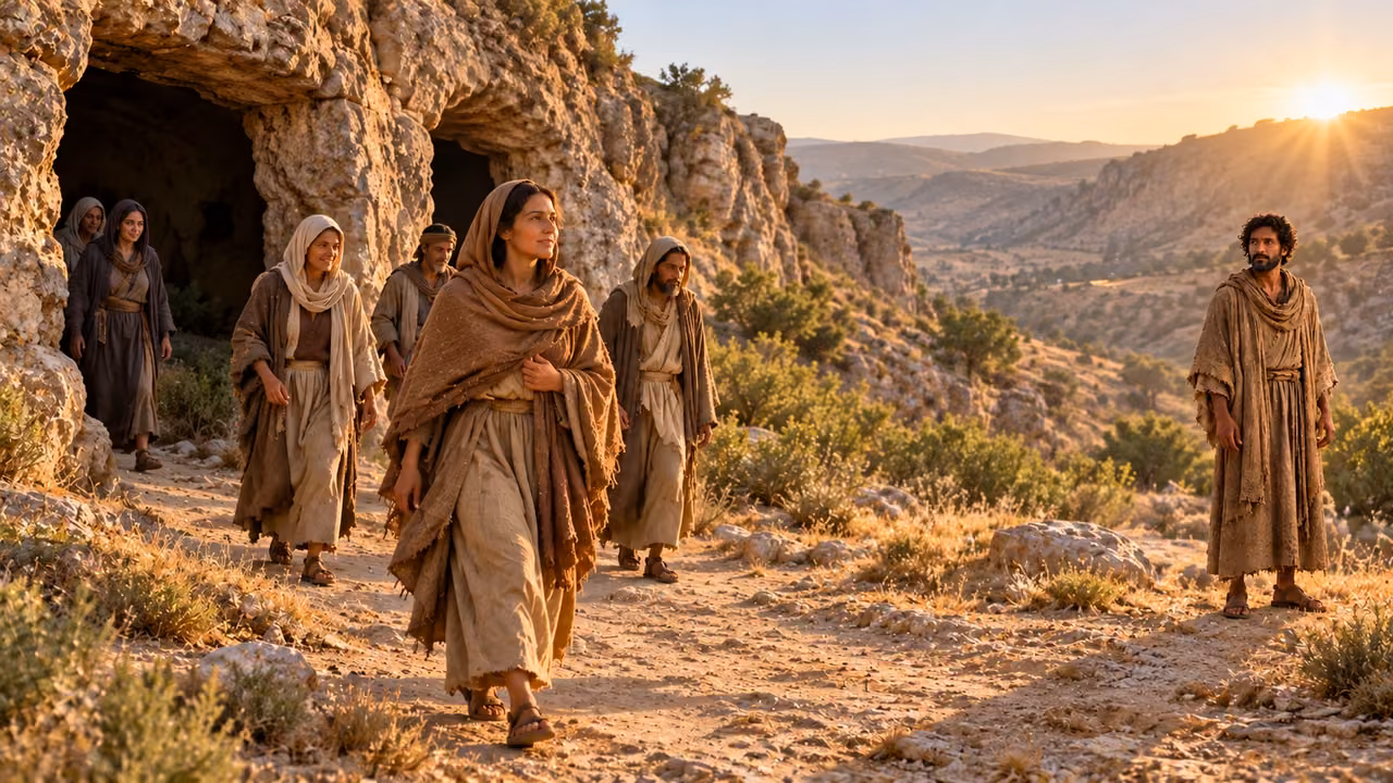 An anonymous clothed group leaves rock recesses while one dark-haired brown-robed witness watches at right.