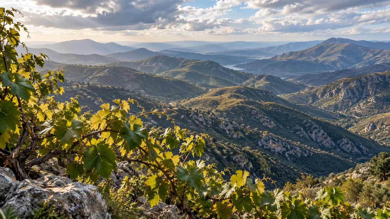 Natural vine leaves frame rounded ridges and valleys in a broad landscape.