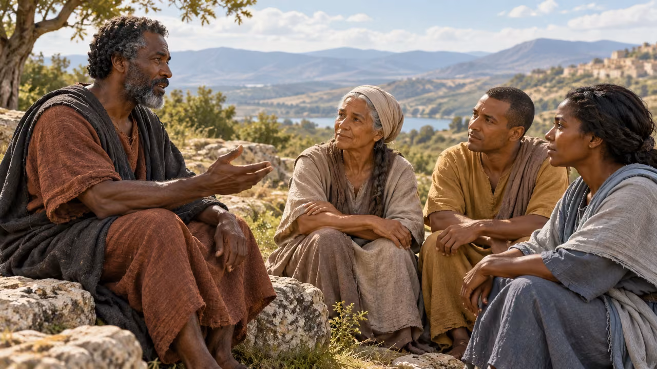 An anonymous adult narrator in rust-colored linen addresses three attentive adults beside low stone.