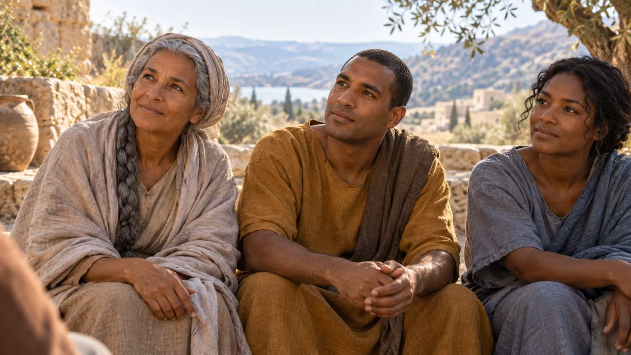 Three adult listeners sit in ordinary daylight with calm,attentive faces and relaxed hands.