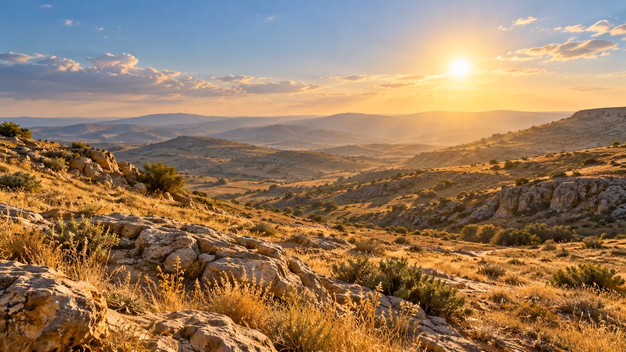 Ordinary sunlight spreads across an empty dry valley and low stony hills.