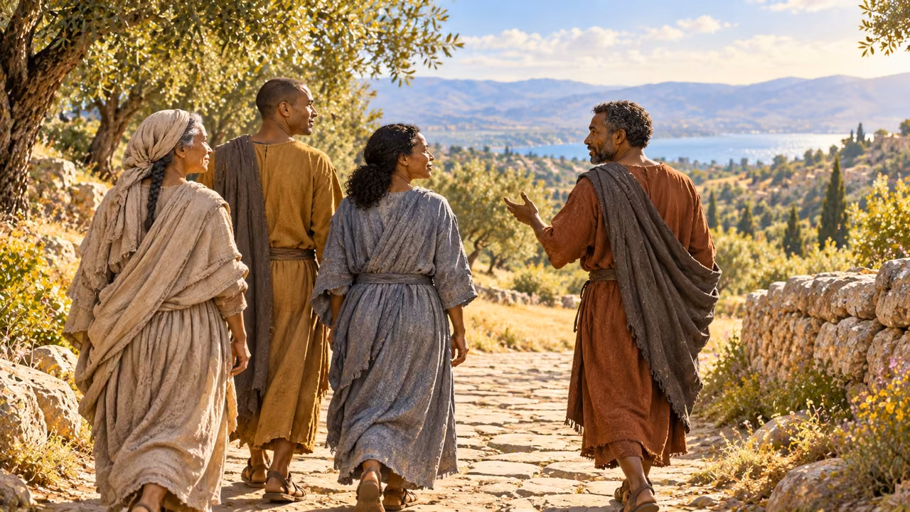 The anonymous narrator and three adults walk together down a broad supported sunlit stone path.