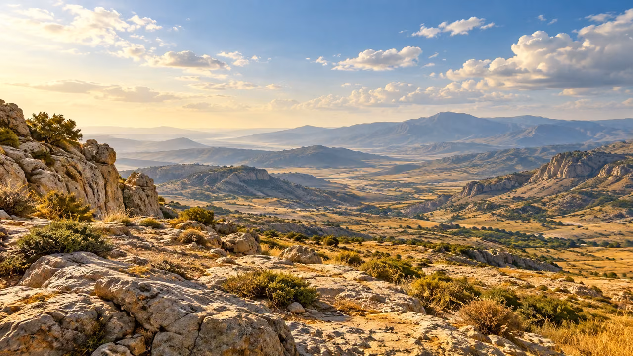 Broad daylight fills an empty open valley with several receding stony ridges.