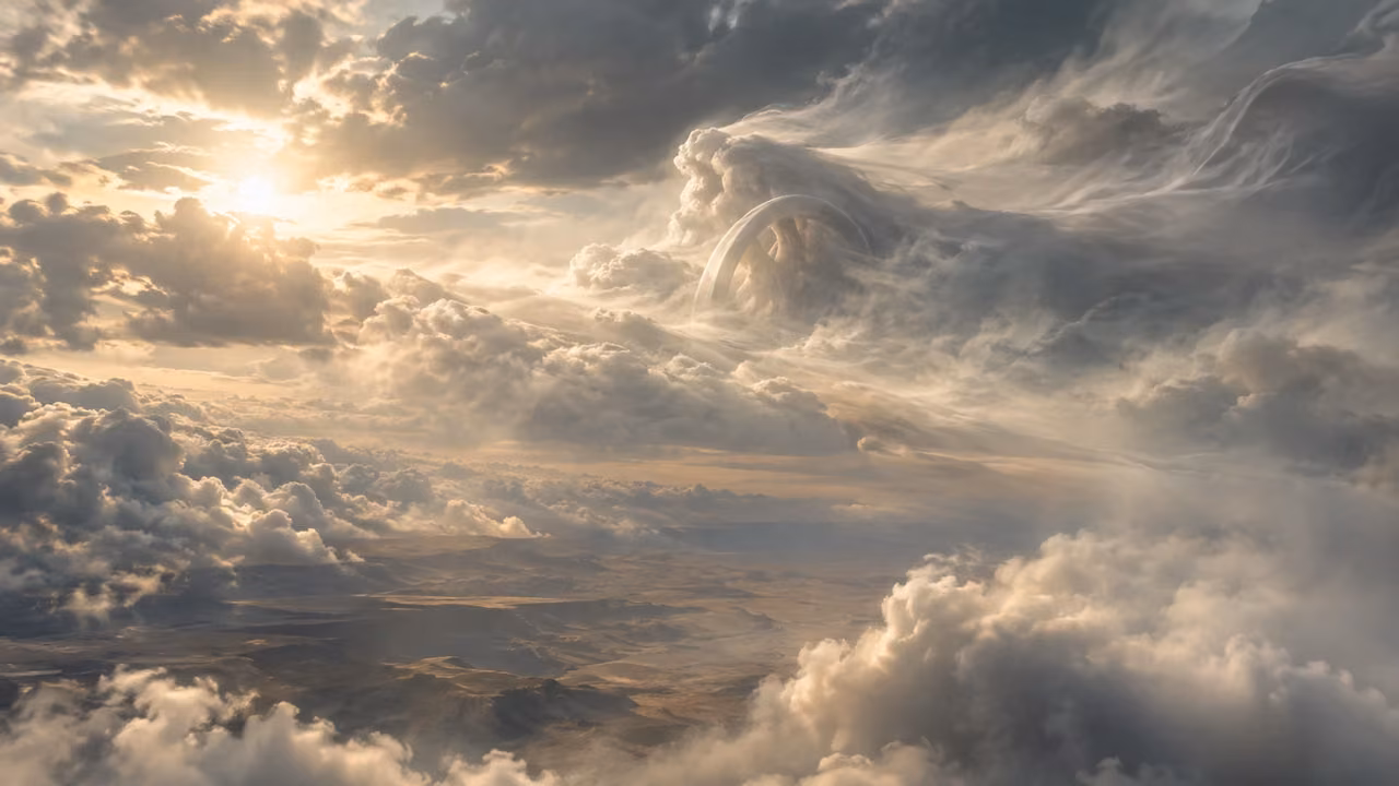 Uncertain chariot-like wheel and vehicle forms blend with wind-driven high cloud.