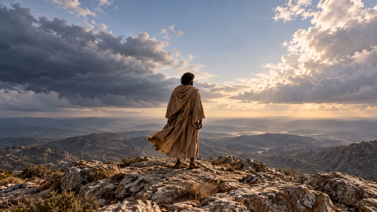 A dark-haired brown-robed witness stands on rock beneath two layers of cloud.