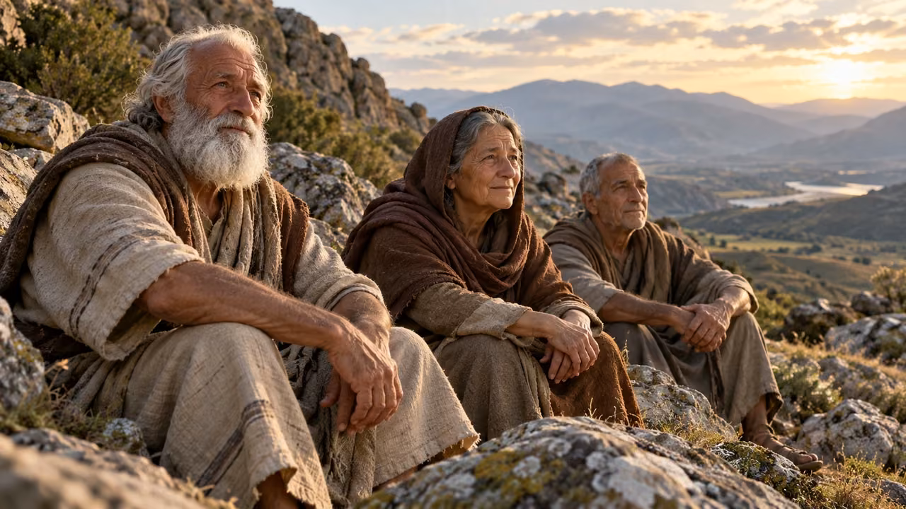 Three distinct older plainly clothed adults rest quietly together on natural rocks.