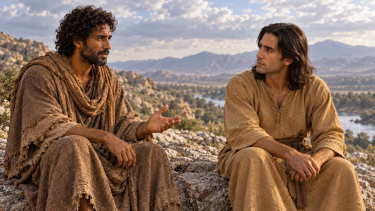 Brown-robed dark-curled Enoch speaks to the distinct ochre-robed straight-haired Methuselah.