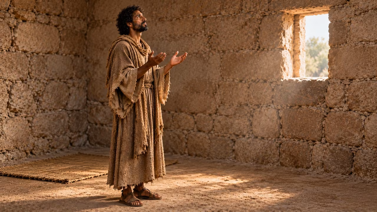 One upright brown-robed Enoch lifts empty hands in the sparse room.