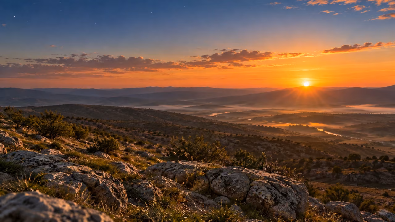 An empty natural rocky landscape faces a low rising sun and a few fading stars.