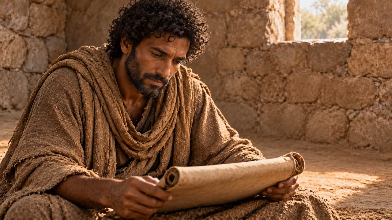 Enoch leans attentively toward an unlettered-facing rolled recording surface.