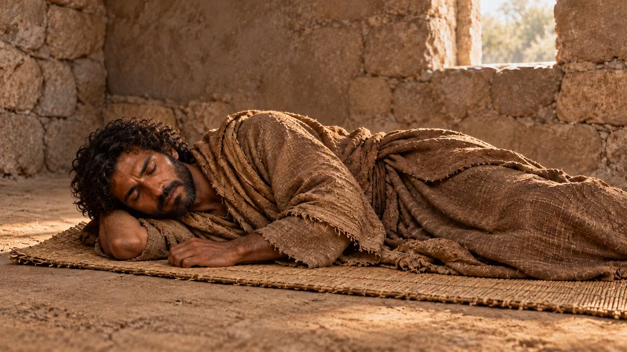 One fully clothed Enoch lies on a thin reed mat in a sparse rough-stone room.