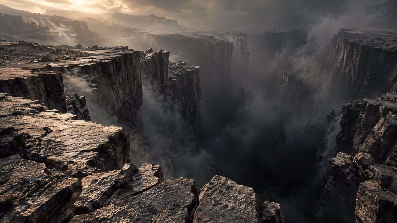 A vast empty fractured rocky landscape descends toward a dark immense chasm.