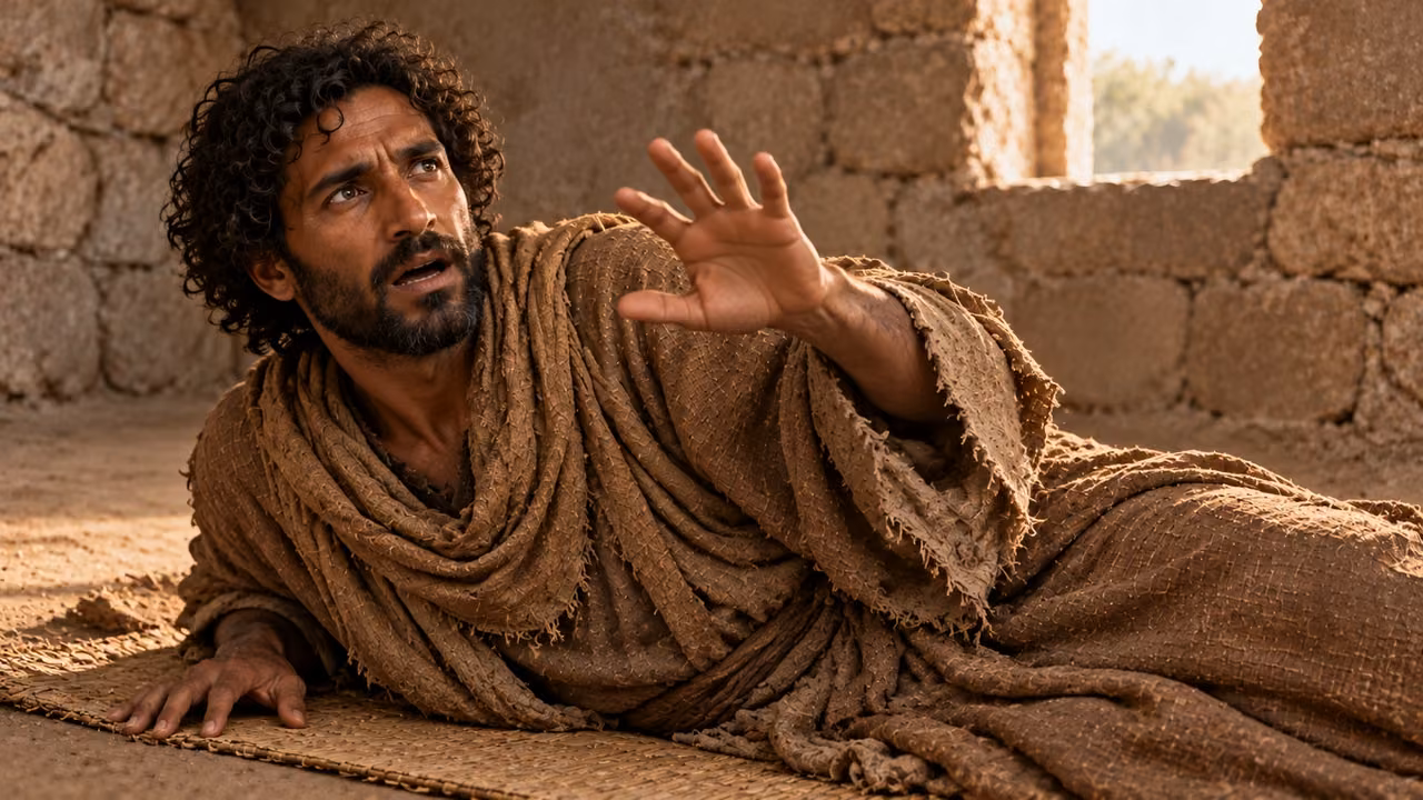 Enoch recoils low on his mat, mouth parted and one empty hand raised.