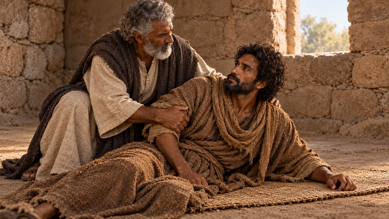 The sand-robed gray-curled grandfather gently supports half-reclining brown-robed Enoch.