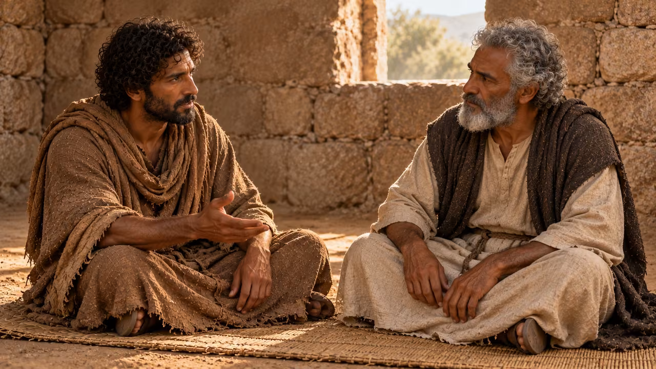 Seated Enoch recounts with an empty hand as the grandfather listens.