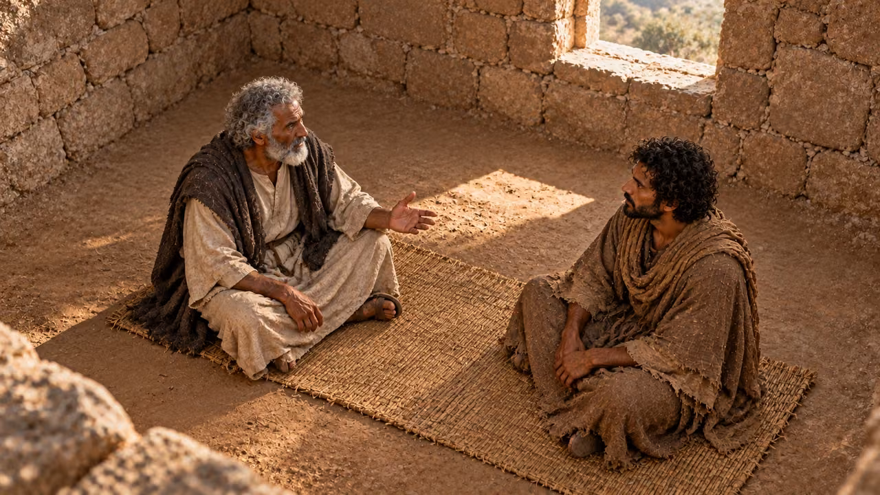 High wide room view shows the grandfather counseling attentive seated Enoch.