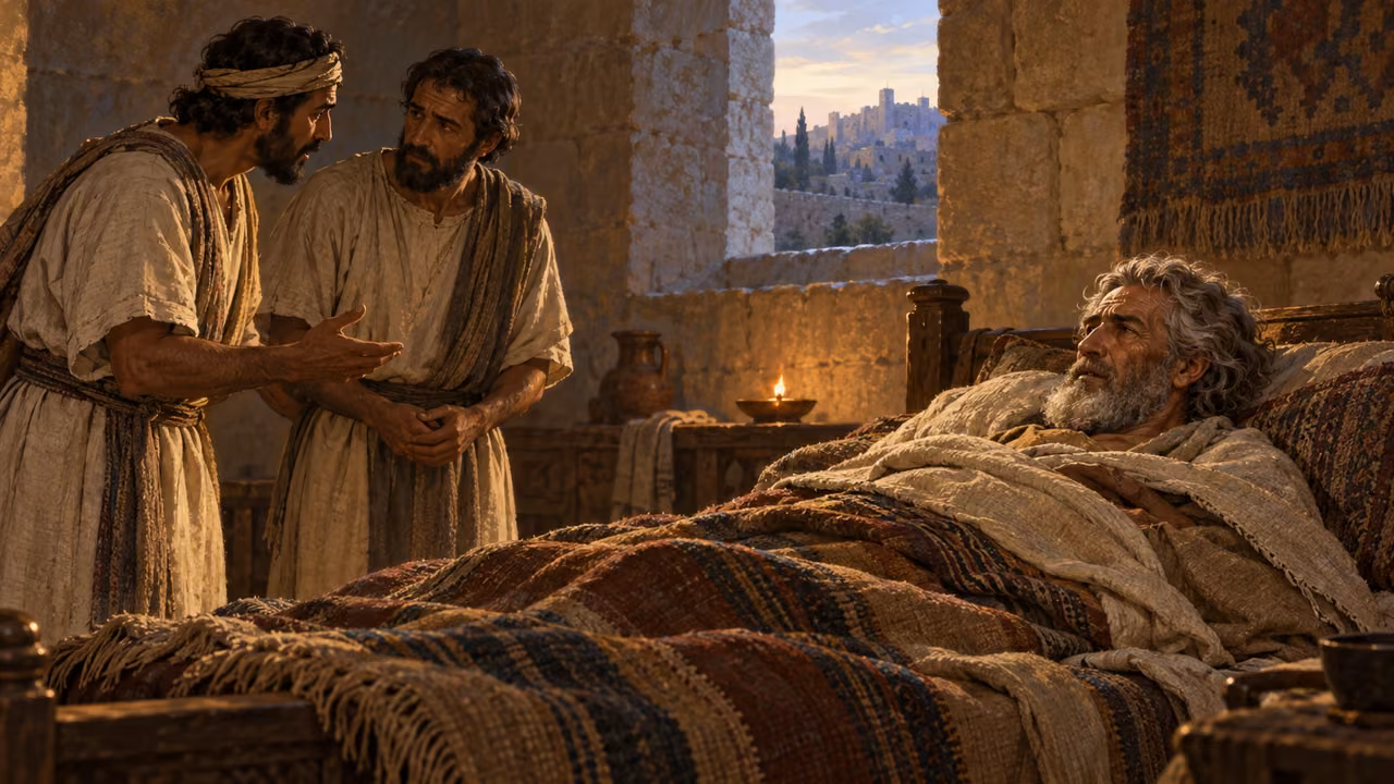 Aged David lies under layered garments while two servants discuss his care.