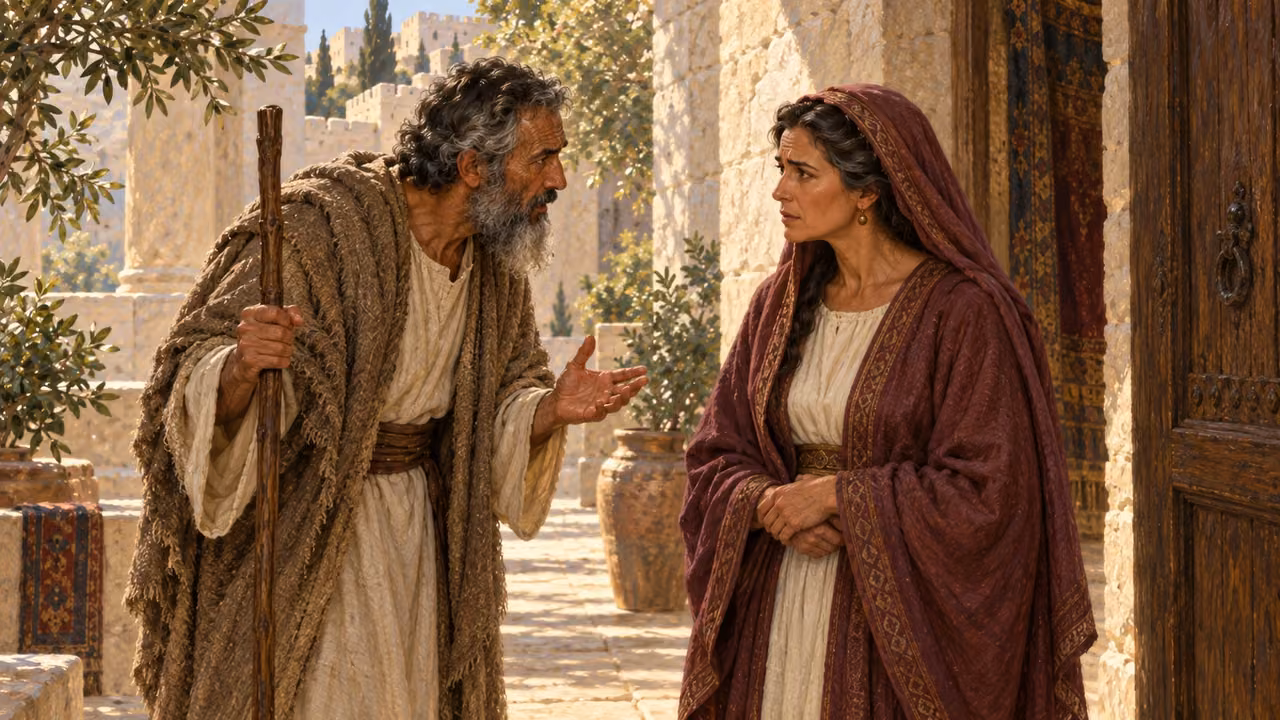 Nathan speaks urgently and privately to Bathsheba, advising her to approach David.
