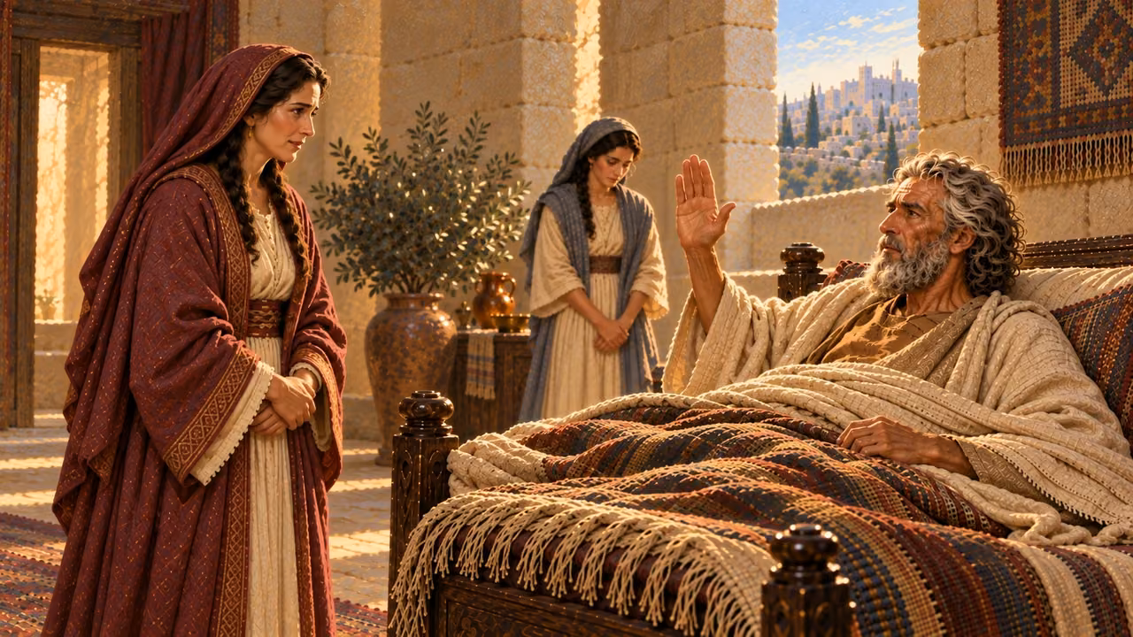 David speaks firmly from his bed to Bathsheba, renewing his promise about Solomon.