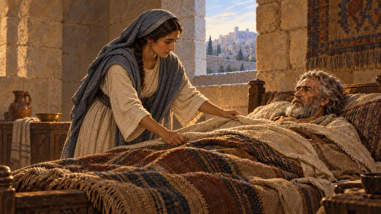 Abishag, depicted as a fully clothed young adult caregiver, attends the elderly king in his chamber. Dignified nonsexual care.