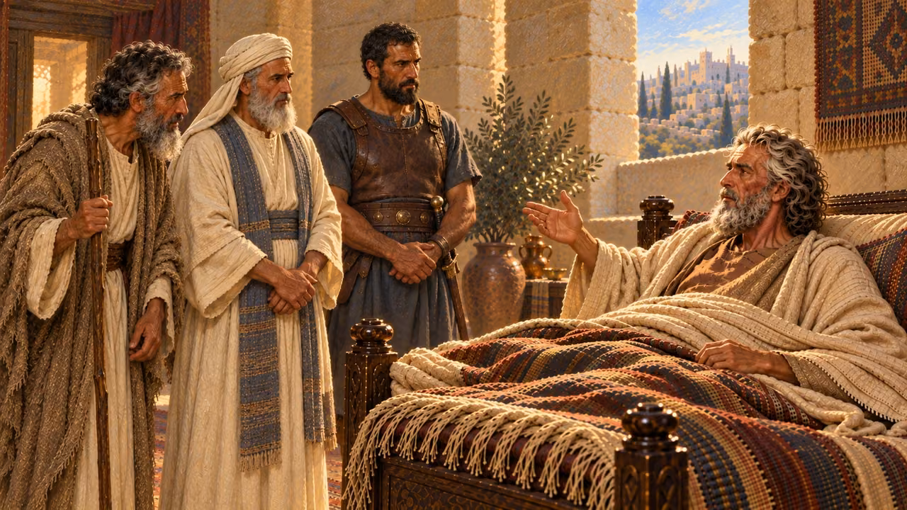 David gives instructions to Zadok, Nathan and Benaiah in his chamber; the anointing has not occurred yet.