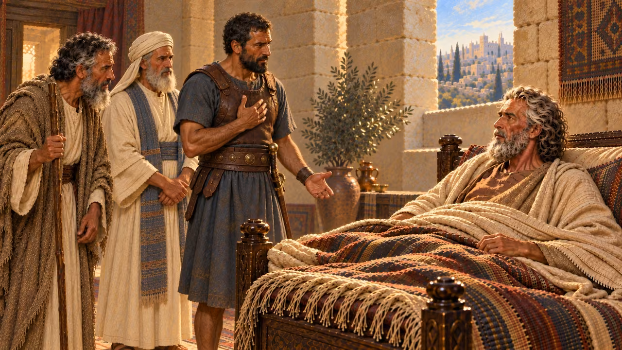 Benaiah responds earnestly before aged David, with Zadok and Nathan nearby.