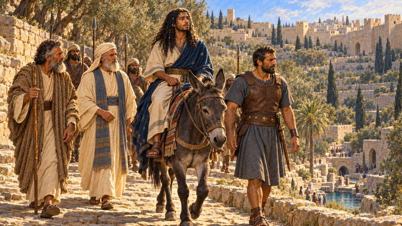 Solomon rides David’s mule toward Gihon accompanied by Zadok, Nathan, Benaiah and the royal guard.