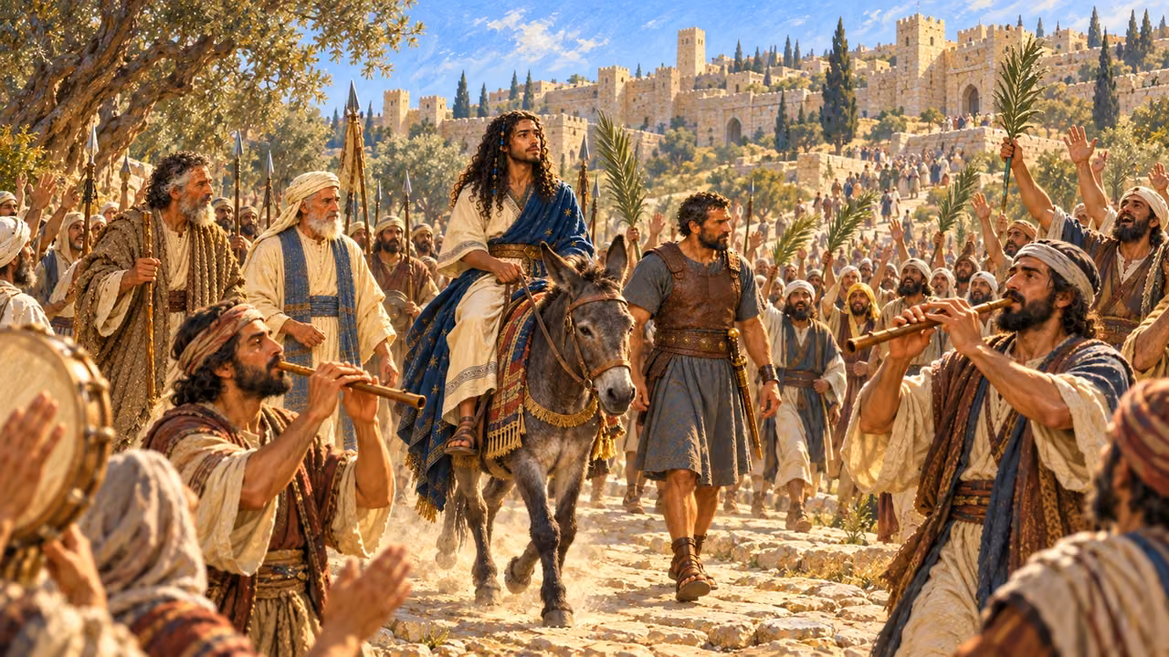 A joyful procession follows Solomon uphill with flute players. Express the thunderous sound through movement; no invented earthquake chasm.