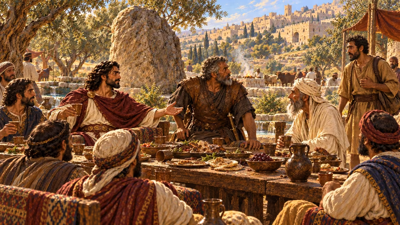 Adonijah’s guests pause at the city’s uproar as Jonathan approaches.