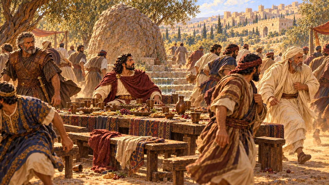 Alarmed guests rise from Adonijah’s feast and depart in different directions.