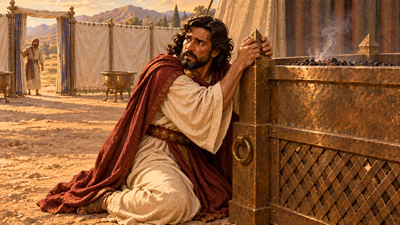 Adonijah clutches the horns of the altar in fear. No execution or violence in this scene.