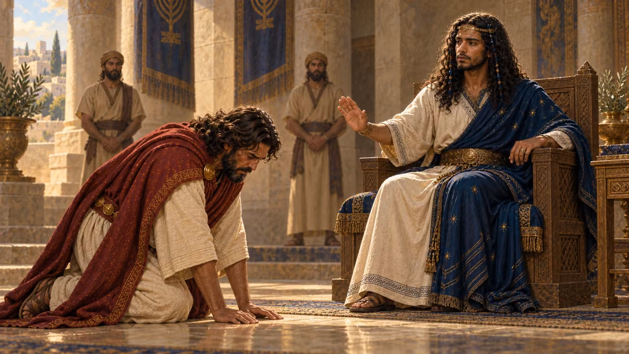 Adonijah bows before the enthroned Solomon, who dismisses him to his house.