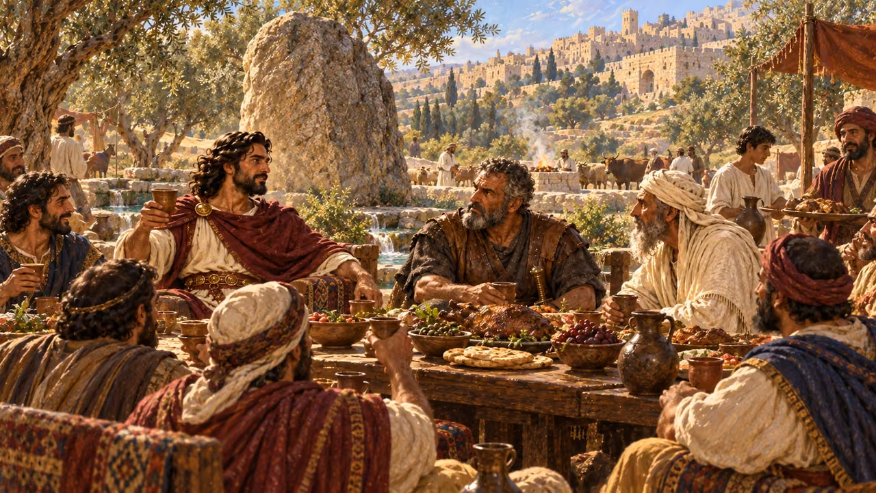 Adonijah holds a sacrificial feast beside the stone of Zoheleth. Solomon and the named excluded supporters are absent.