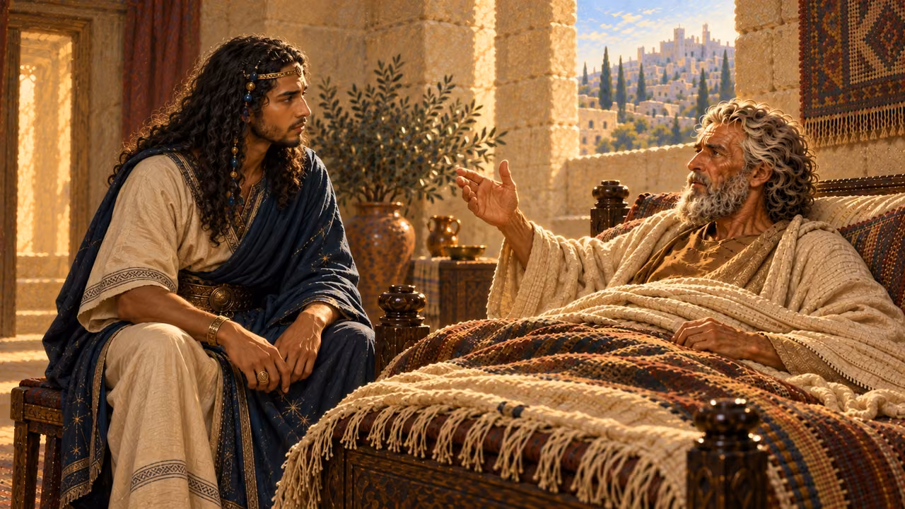 Elderly David instructs Solomon at his bedside to keep the commands of Yahweh. Preserve both established identities; no visible deity.