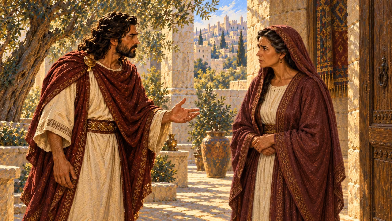 The established Adonijah addresses Bathsheba in a palace courtyard, requesting a hearing.