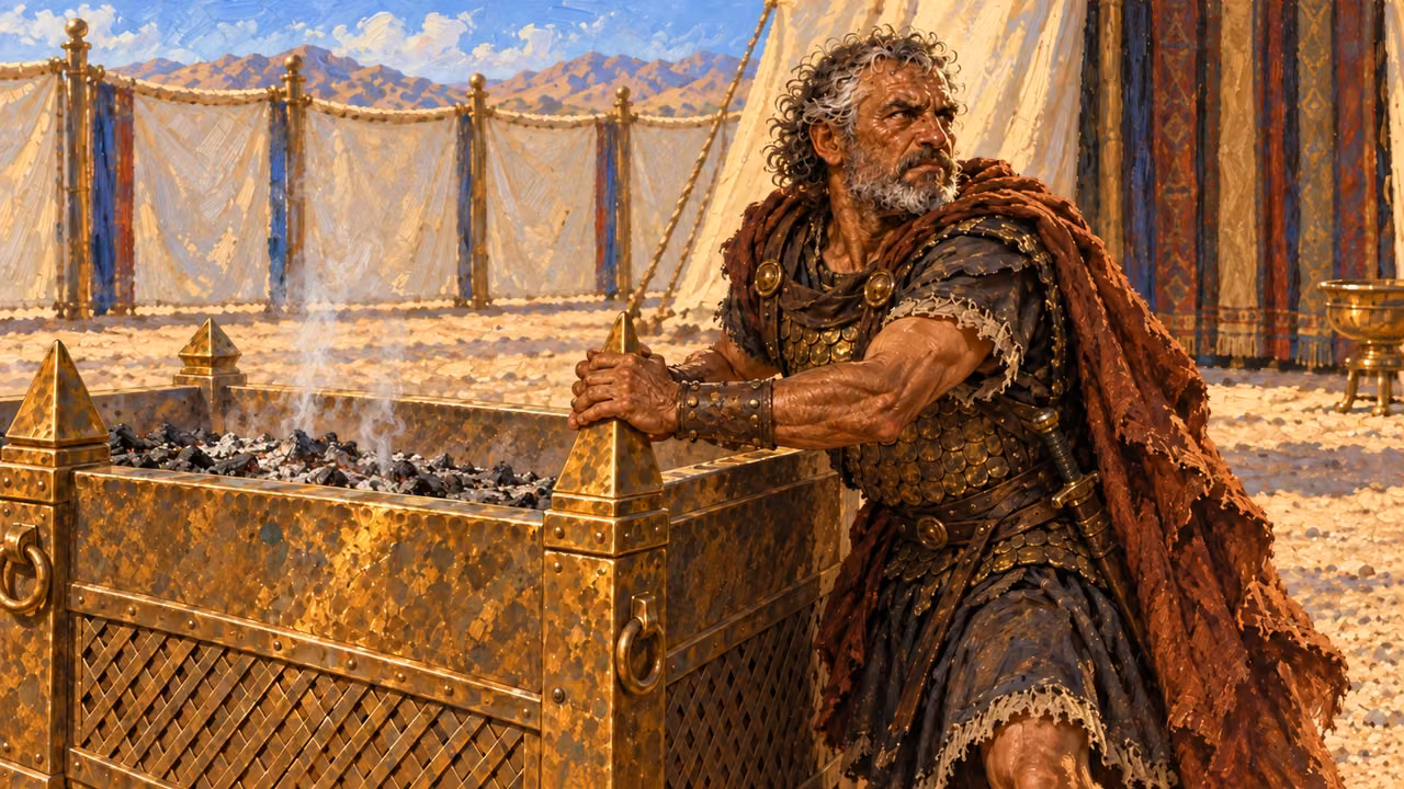 The established older Joab clutches the altar horns beside the tent of Yahweh. Keep Adonijah absent.
