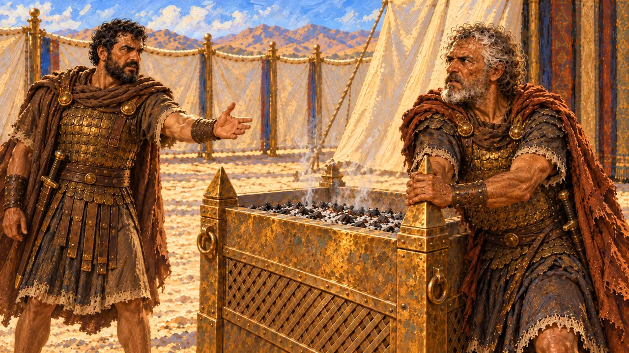 Benaiah stands before Joab at the altar and speaks; Joab remains gripping the horns, refusing to leave. No strike yet.