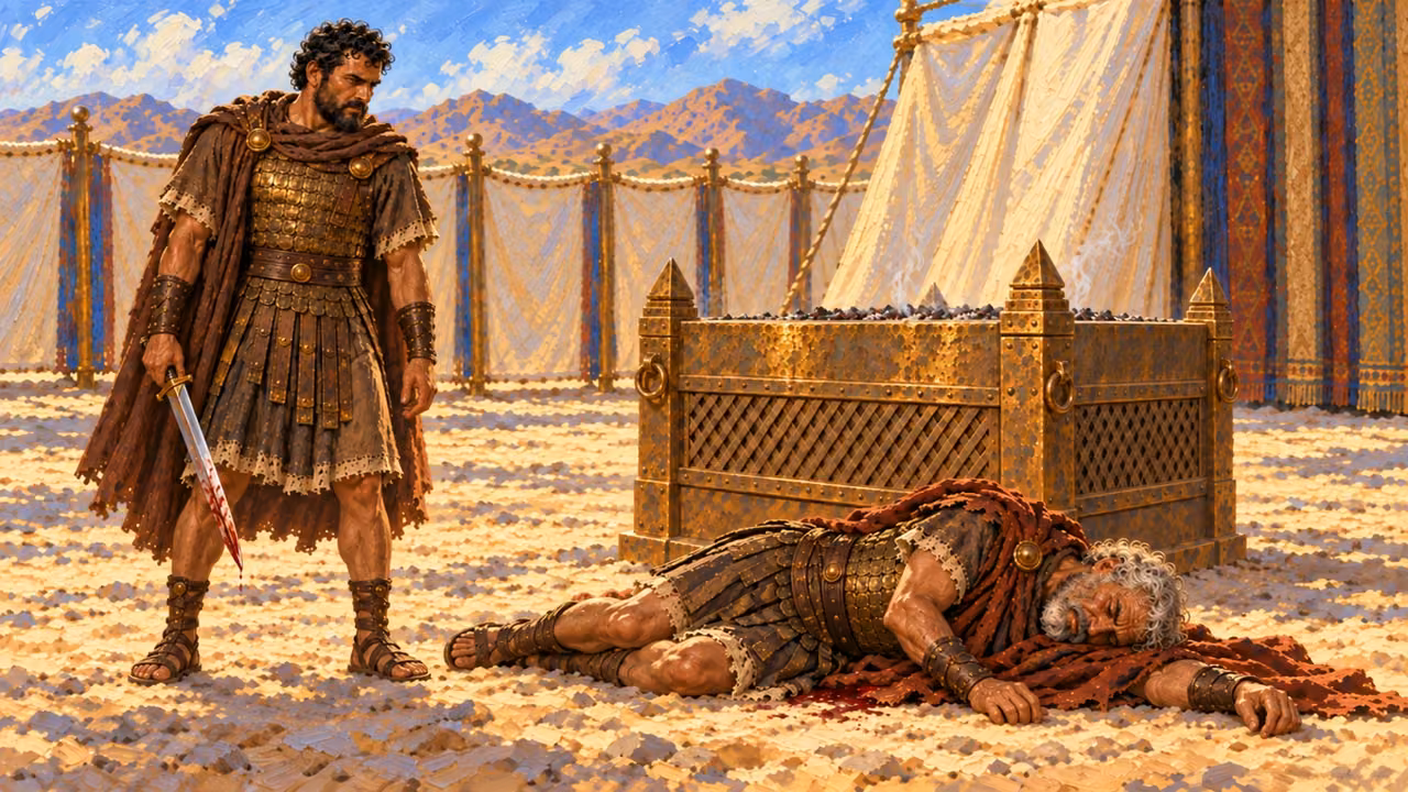 Benaiah stands beside the altar after the fatal encounter with adult Joab, whose fallen body is partly obscured by the altar. Restrained aftermath, no mutilation.