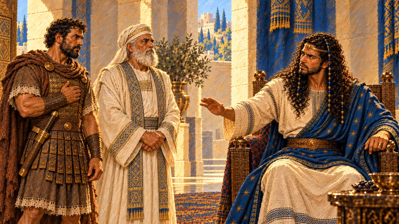 Solomon appoints Benaiah as army commander and Zadok as priest; both established characters stand before him.