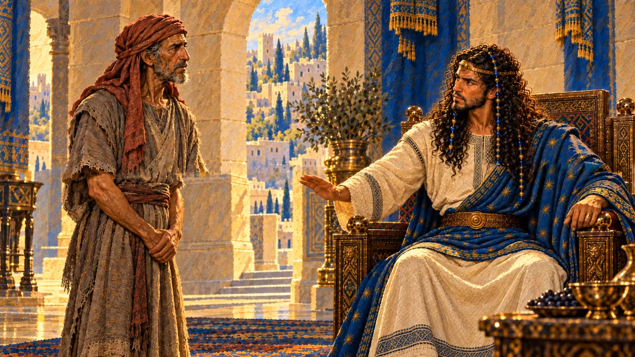 Solomon warns Shimei in the court; Shimei respectfully agrees. Establish older olive-skinned Shimei with narrow gray beard and muted sage robe.