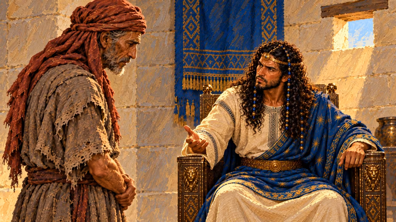 Shimei stands before Solomon, who questions his violation of the oath.