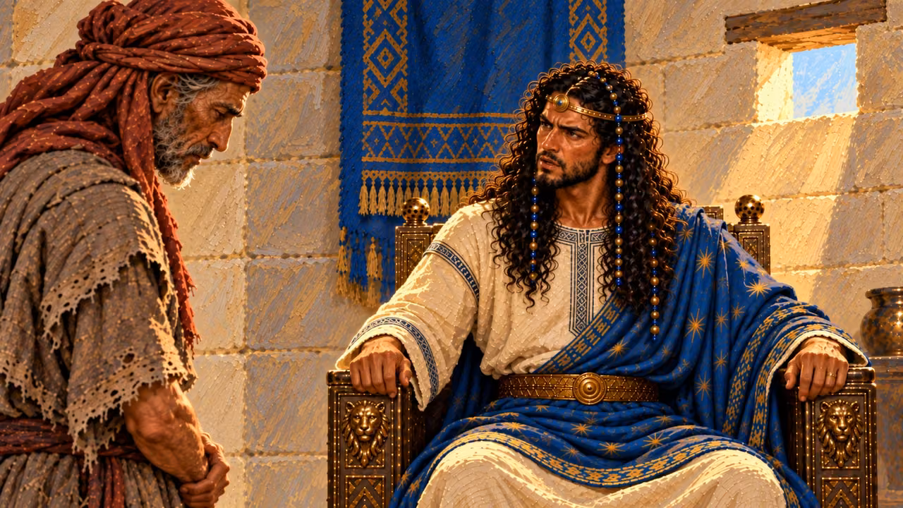 Solomon delivers the sentence to Shimei, grave formal court scene without supernatural effects.