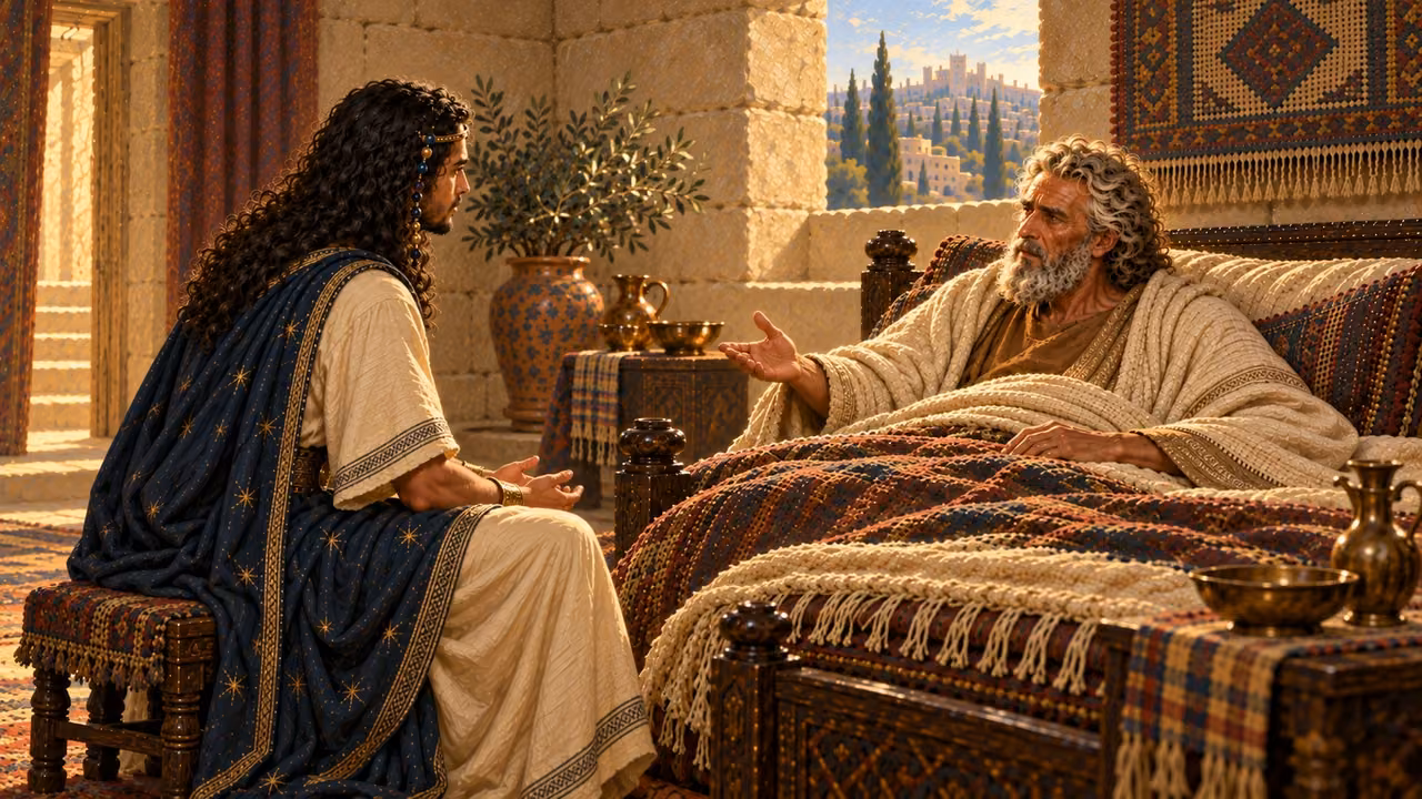 David gestures gently as he tells Solomon to show kindness to the sons of Barzillai; the sons need not appear in the room.