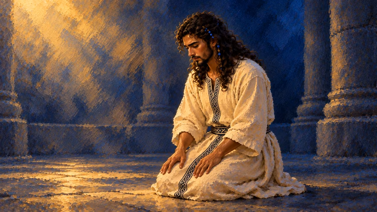 Solomon kneels in the dream with his gaze lowered and his hands resting before him.