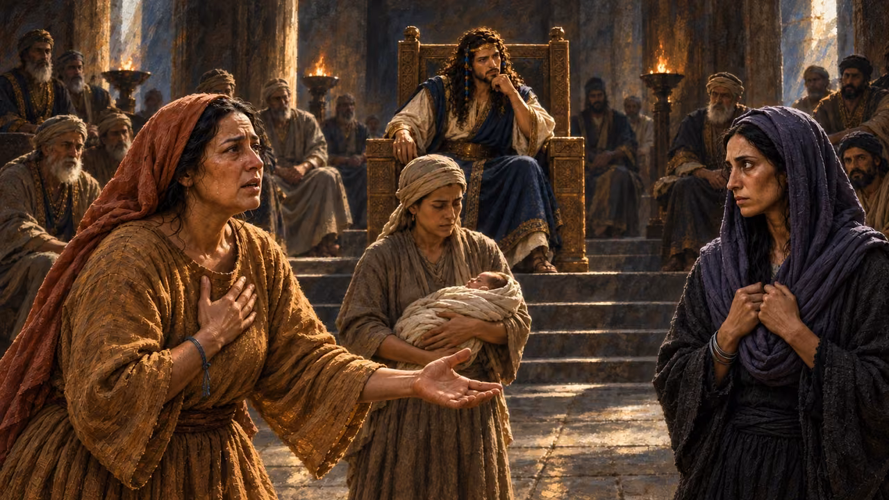 The first woman gives her account before the king while the other claimant listens.